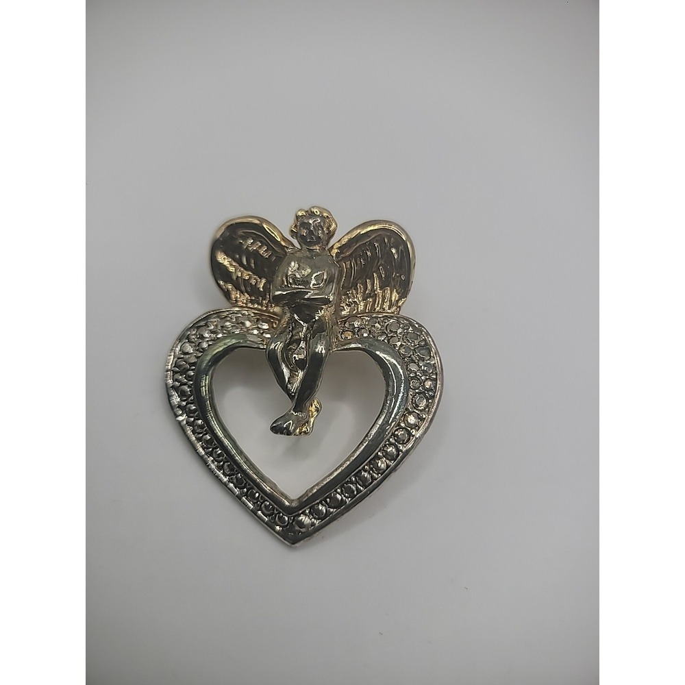 Gold Tone Heart Angel Wings Brooch Pin Pendant Crystals Jewelry Costume